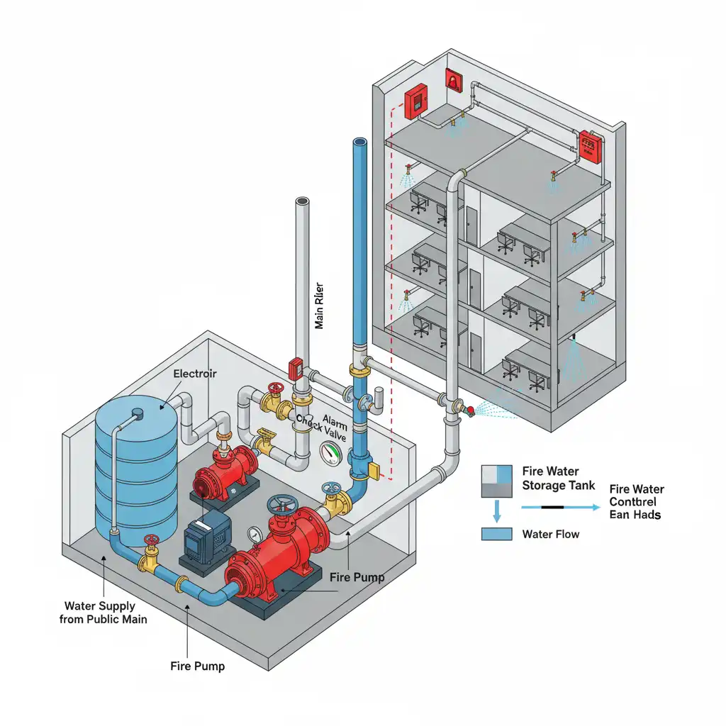 Diagram sistem sprinkler otomatis untuk proteksi kebakaran gedung