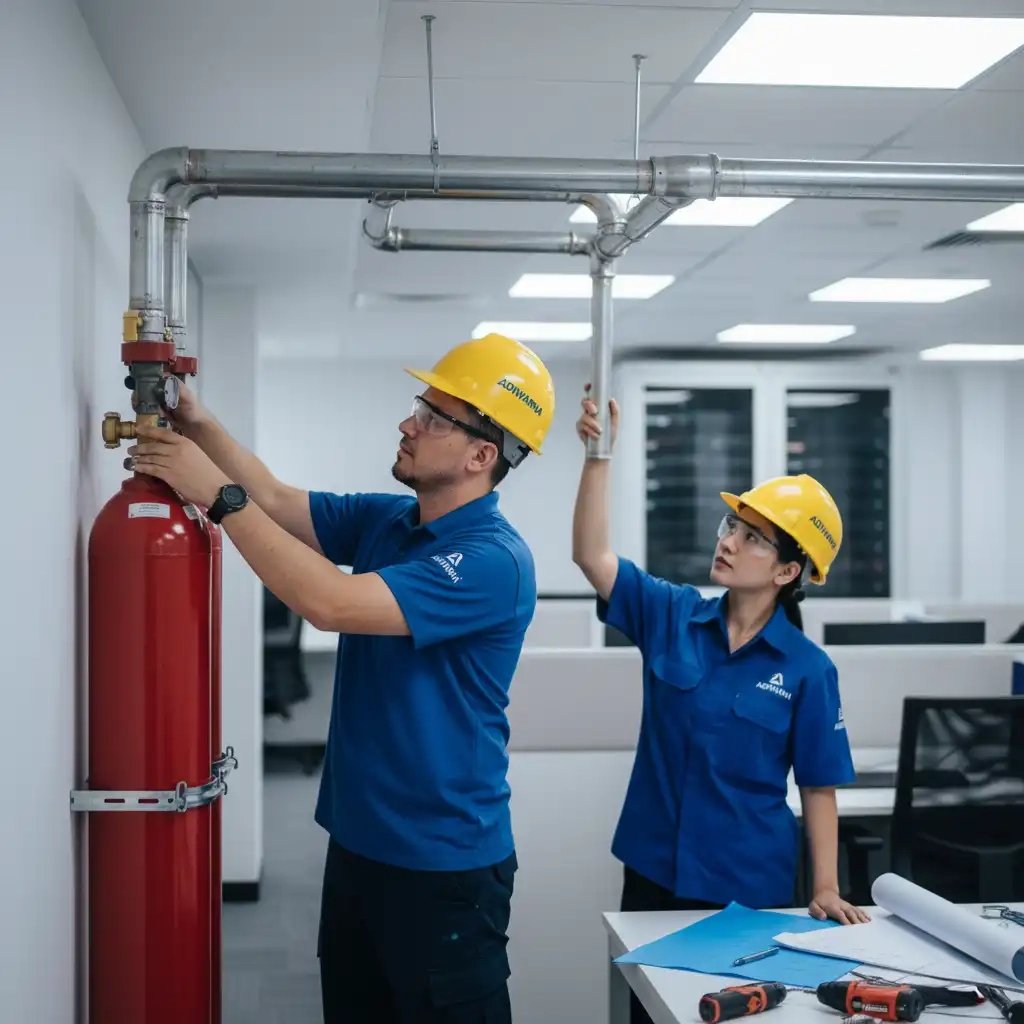 Teknisi Adiwarna Anugerah Abadi melakukan instalasi sistem pemadam kebakaran inert gas di gedung perkantoran